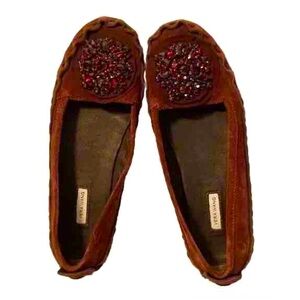 Vera Wang Cherry Wine Suede Jewelled Rosette Flats Shoes 7 Italy